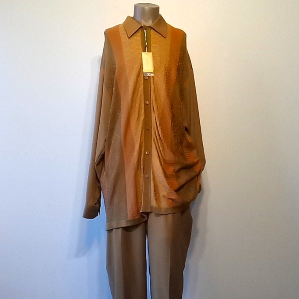 Vintage 2pc Chestnut Brown Button-Up Shirt and Pants Set by Silversilk
